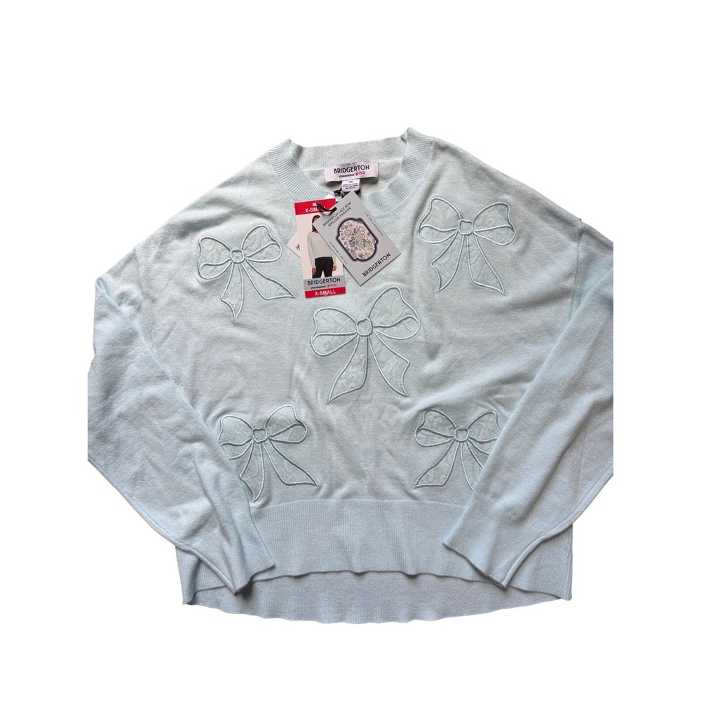 Bridgerton Republic Lace Bow Applique Sweater Light Blue Crew Neck XS New